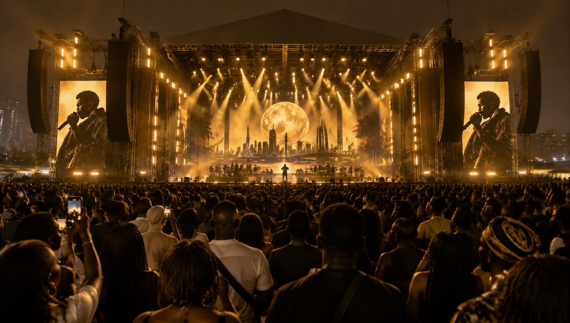 Large concert stage illuminated in gold